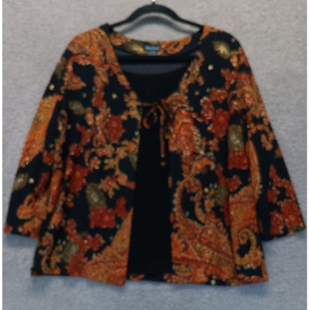West End Womens XL‎ Paisley Top Tie Front Textured Knit Boho Black Orange Artsy